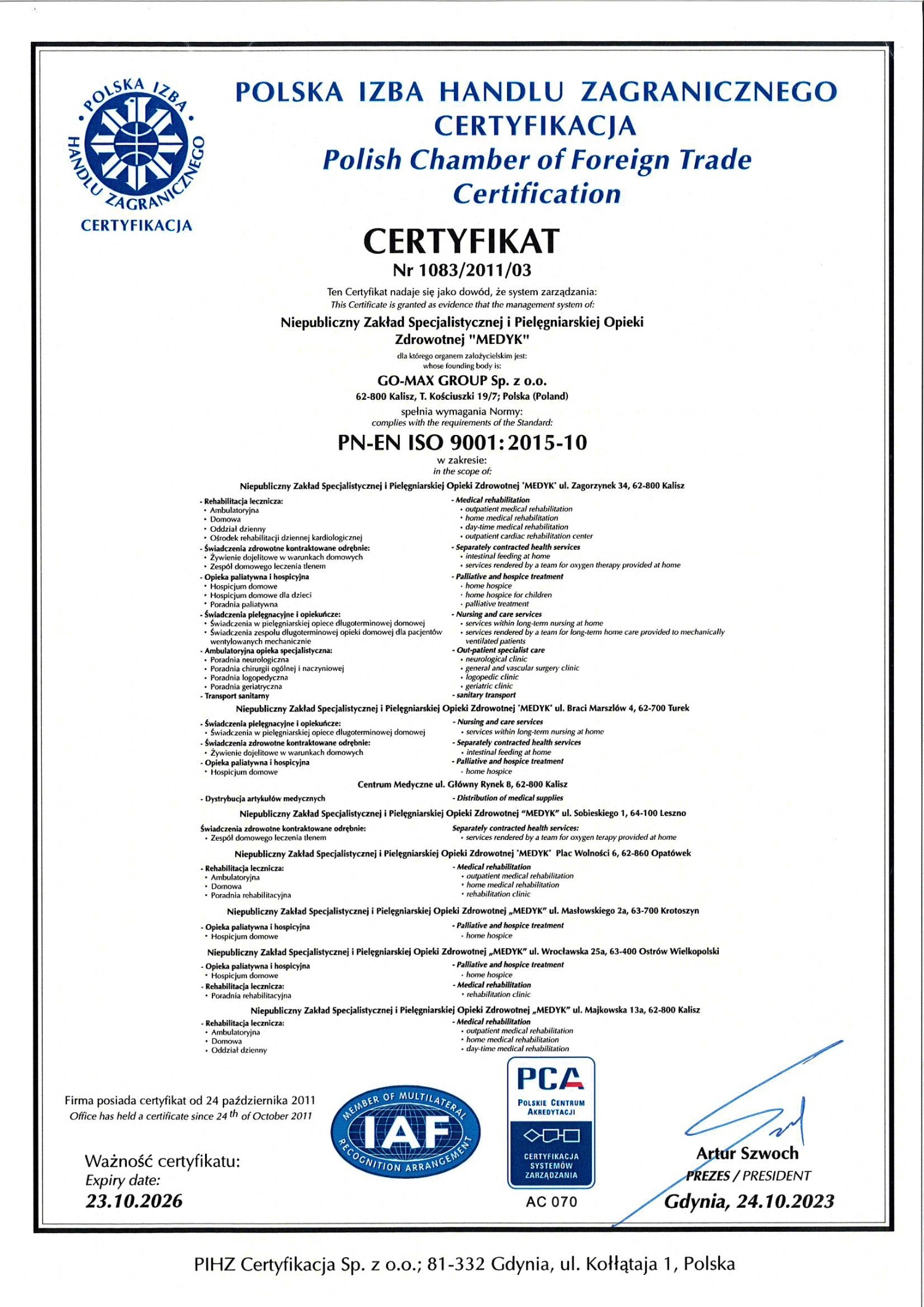 Certyfikat ISO 9001:2015